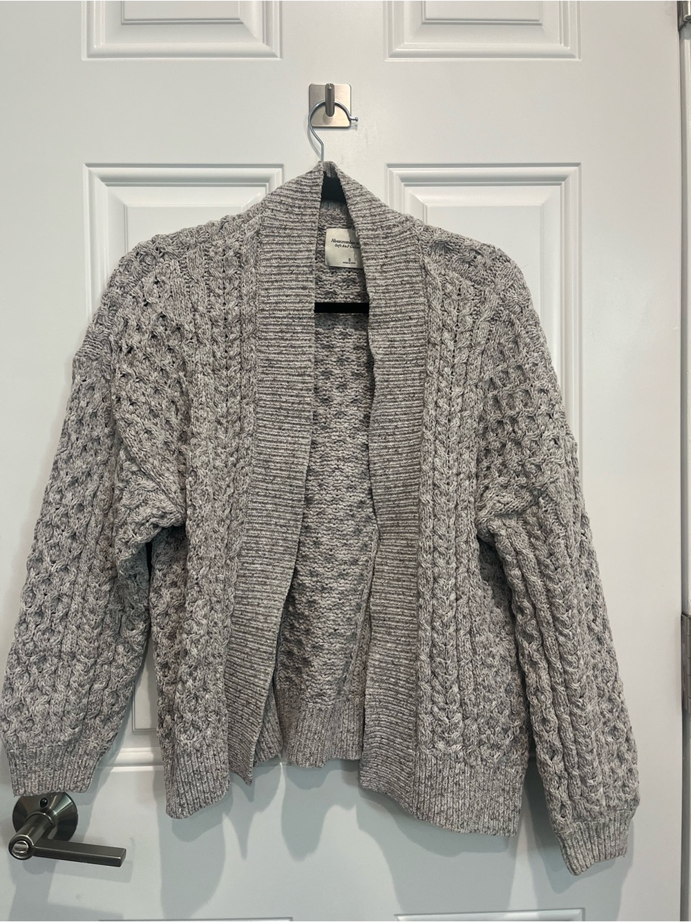 Abercrombie & Fitch Light Gray Cable Knit Open-Front Cardigan